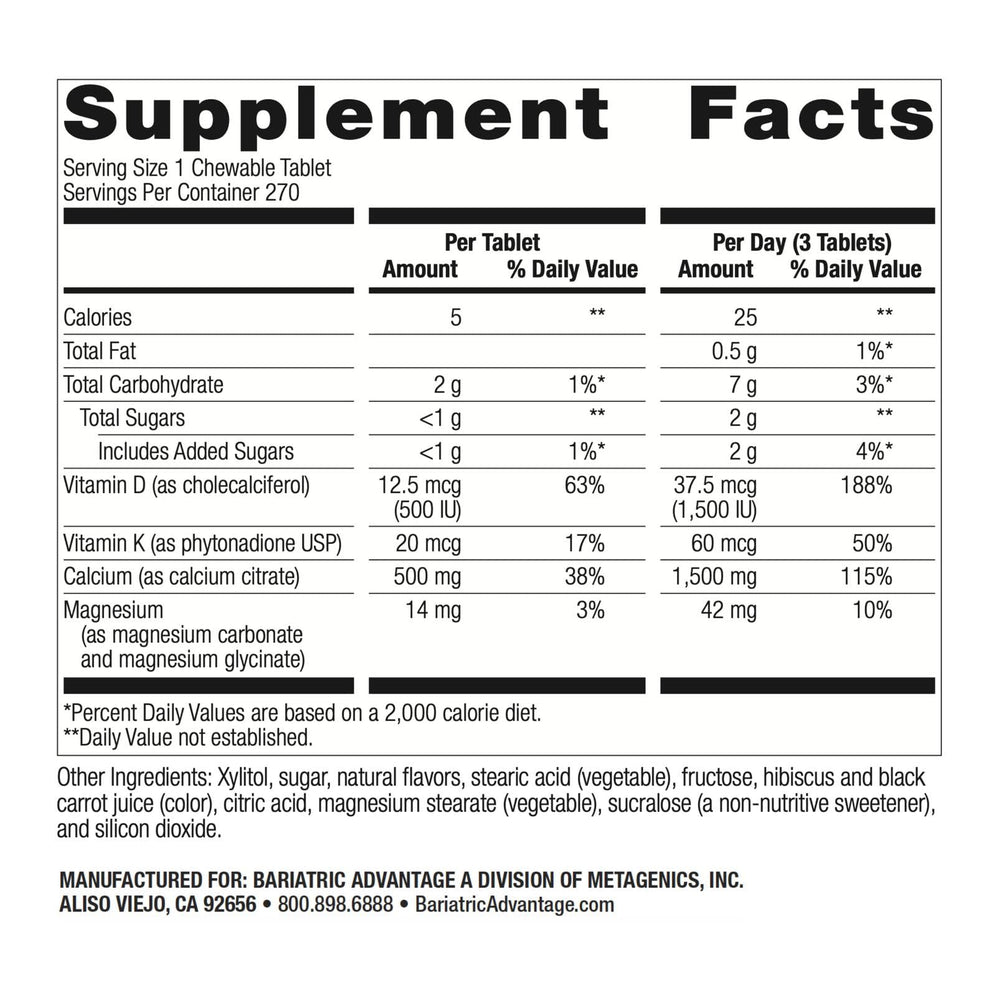 Bariatric Advantage bottle nutrition panel with magnesium glycinate and vitamin K for balance