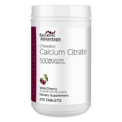Bariatric Advantage calcium citrate chewable 500mg, wild cherry bottle front, convenient daily supplement