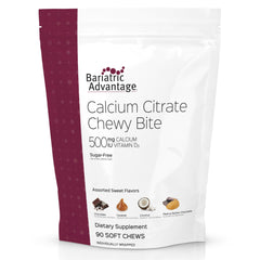 Bariatric Advantage calcium citrate chewy bites bottle shows easy to chew daily calcium benefits