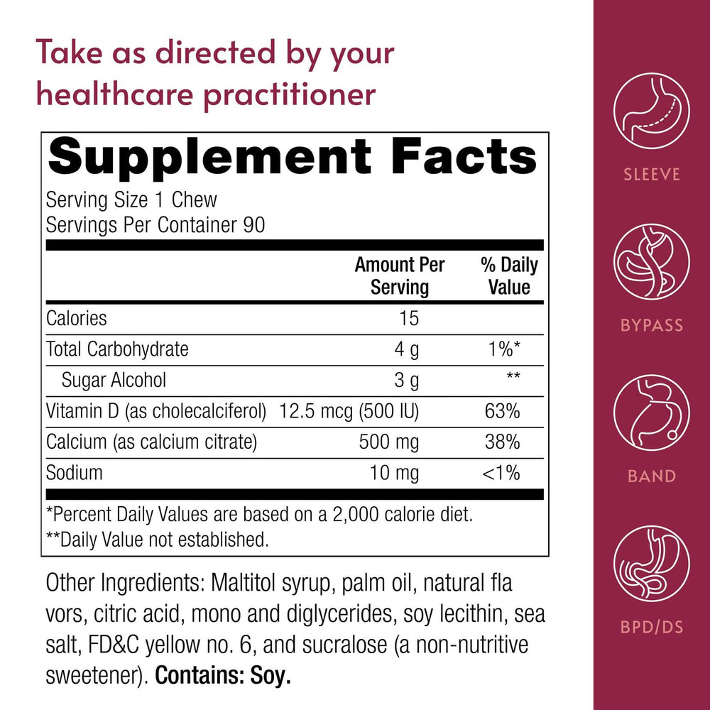 Foil-wrapped Bariatric Advantage calcium chews for sugar-free, mess-free consumption.
