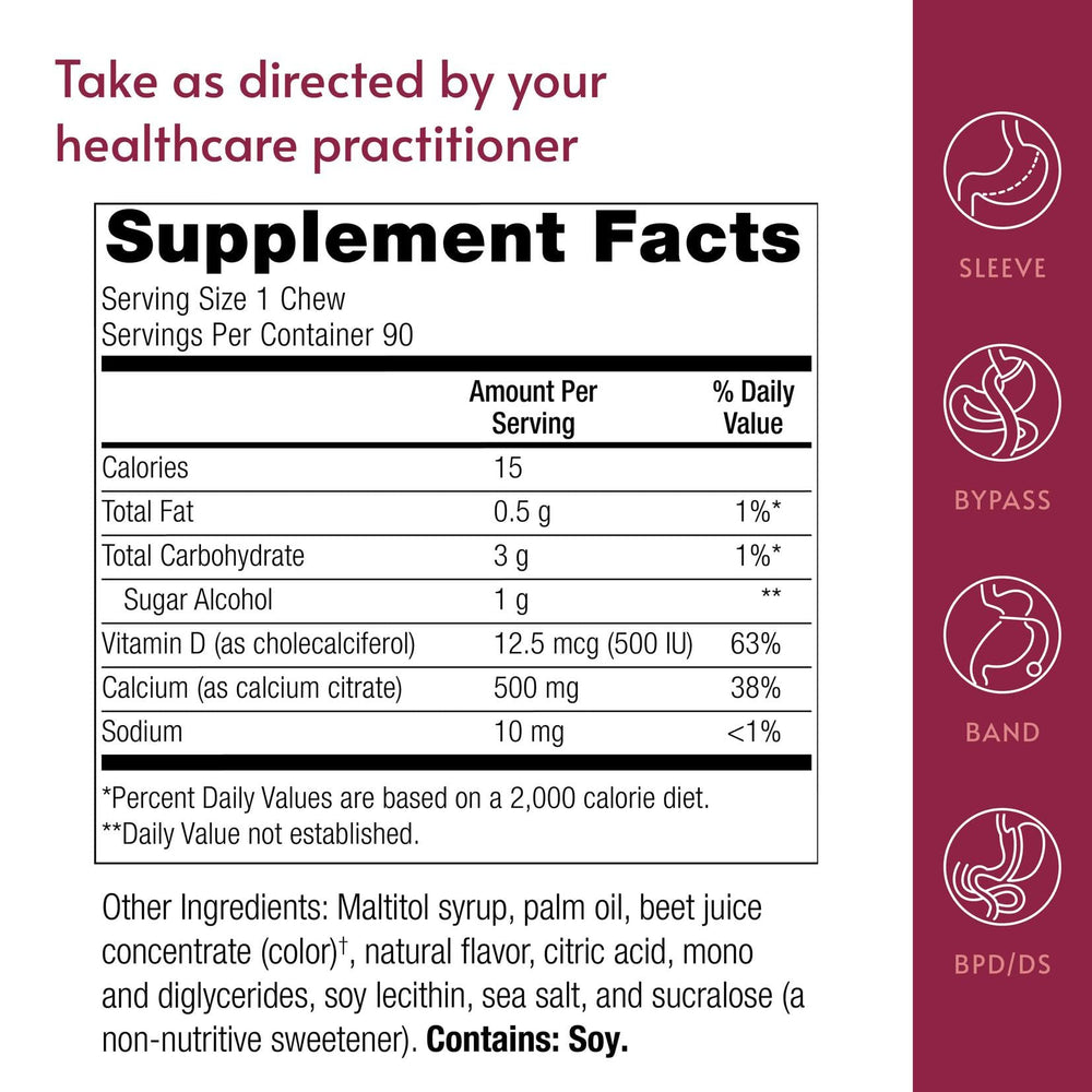 Label panel of Bariatric Advantage chews with calcium citrate and vitamin D3.