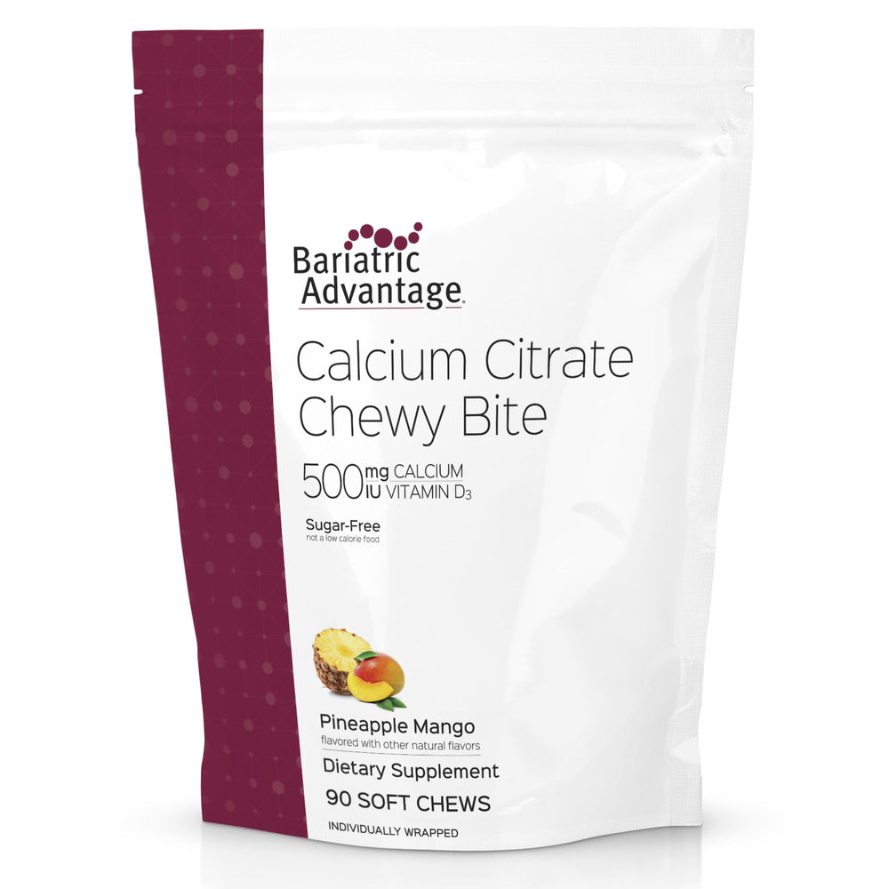 Bariatric Advantage pineapple mango calcium citrate chewy bites in bottle, post-bariatric support