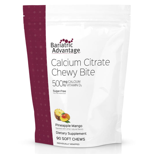 Bariatric Advantage pineapple mango calcium citrate chewy bites in bottle, post-bariatric support