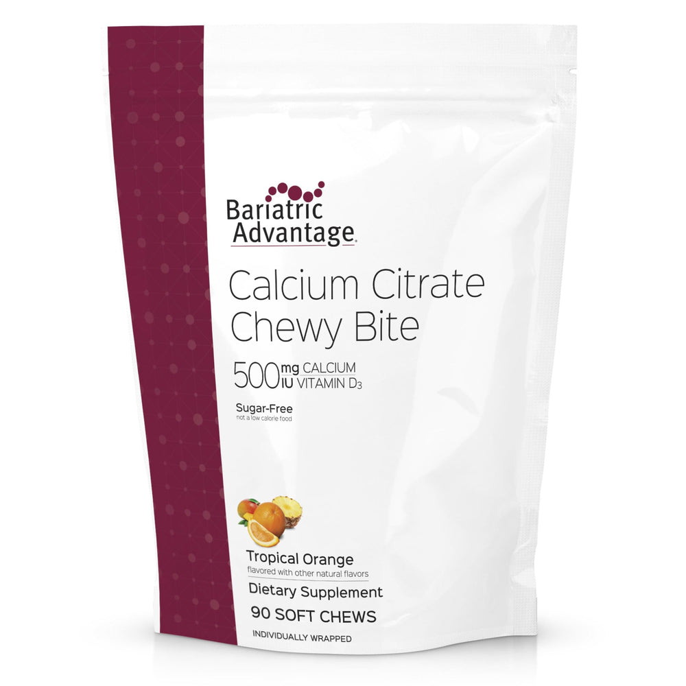 Bariatric Advantage Calcium Citrate Chewy Bites tropical orange bottle highlights tasty, sugar-free calcium plus D3.