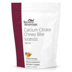 Bariatric Advantage Calcium Citrate Chewy Bites tropical orange bottle highlights tasty, sugar-free calcium plus D3.