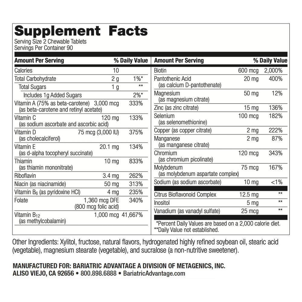 Bariatric Advantage chewable multivitamin tablets arranged for post-procedure supplementation