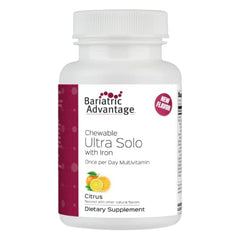 Bariatric Advantage Ultra Solo with Iron bottle shows convenient daily chewable multivitamin.