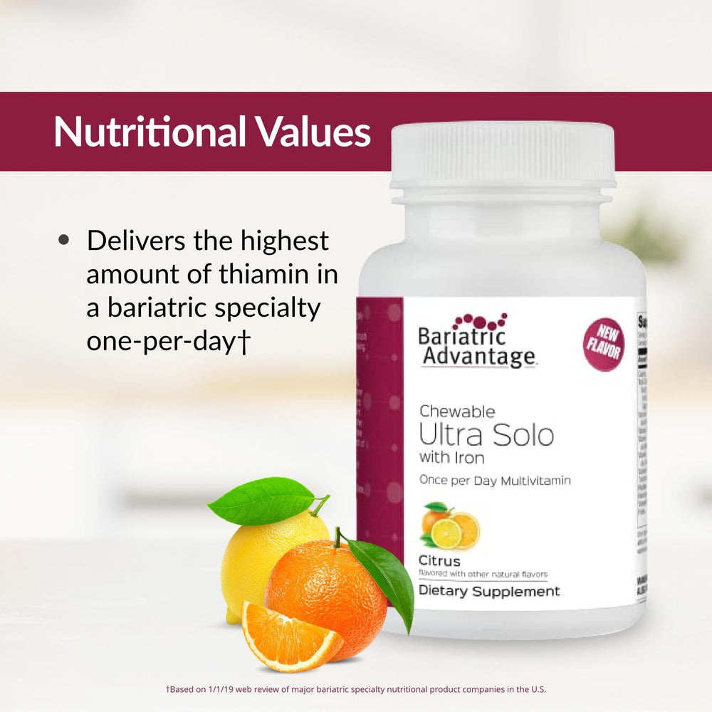 Nutrition panel shows iron, thiamin, vitamin A, and D3 in Bariatric Advantage.