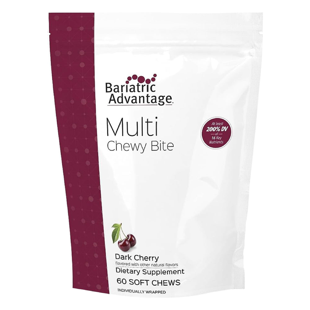 Bariatric Advantage Multi Chewy Bite dark cherry bottle supports daily nutrient intake