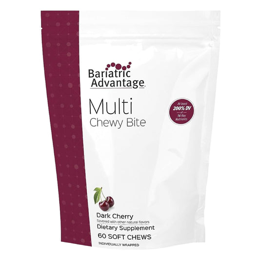 Bariatric Advantage Multi Chewy Bite dark cherry bottle supports daily nutrient intake