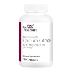 Bariatric Advantage non chewable calcium citrate 600 mg bottle showing easy-to-swallow tablets for bone support.