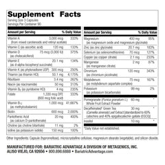 Label highlights calcium and vitamin C content for Bariatric Advantage users.
