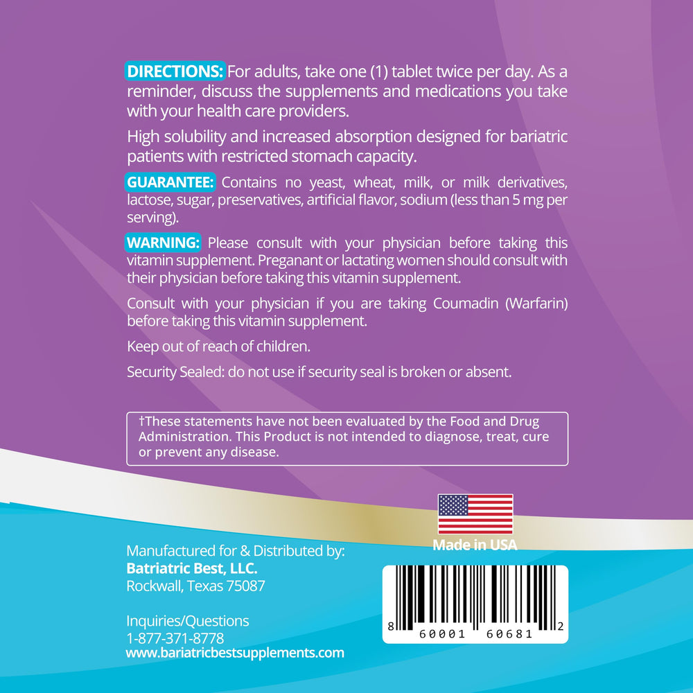High ADEK nutrition label detailing ASMBS guidelines and ingredients