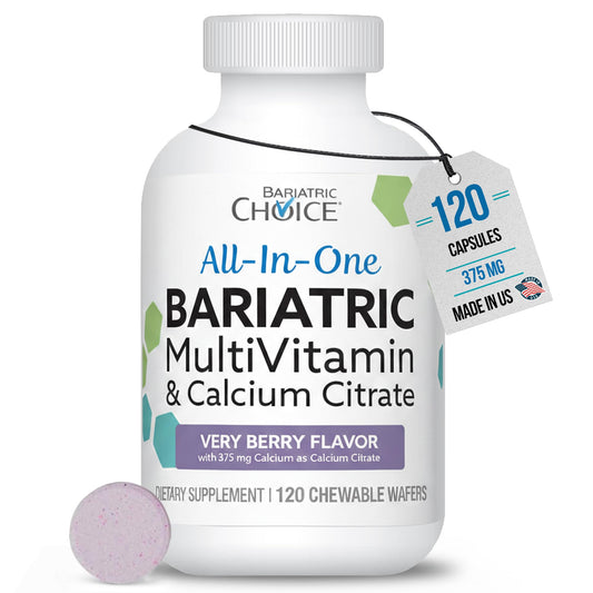Bariatric Choice all-in-one chewable bottle front label shows Very Berry flavor and nutrients.