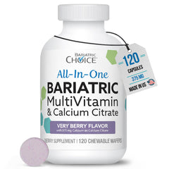 Bariatric Choice all-in-one chewable bottle front label shows Very Berry flavor and nutrients.