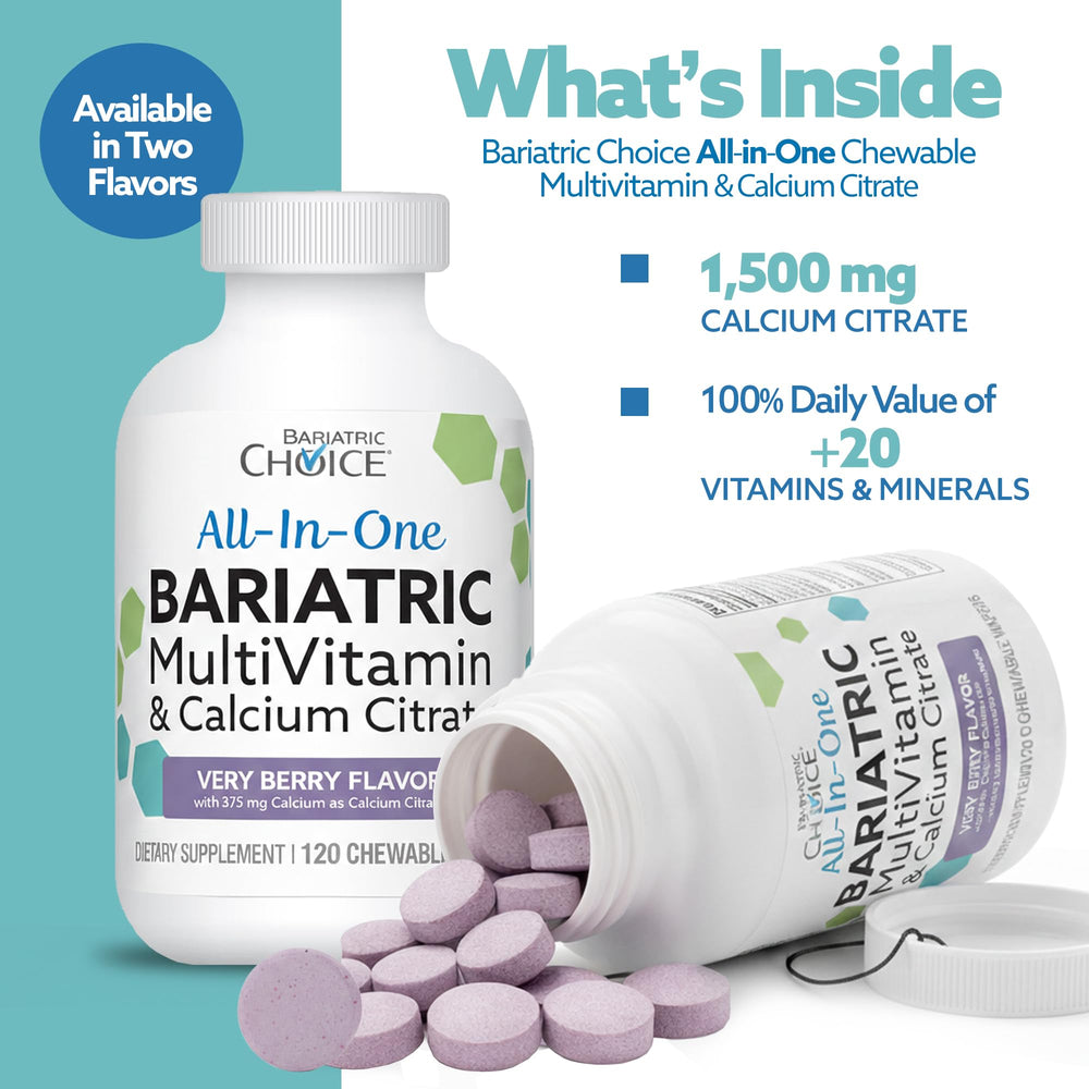 Bariatric Choice chewable wafers with water illustrate easy daily use.