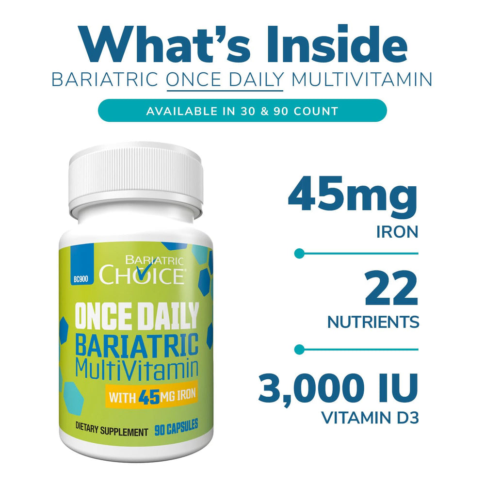 Bariatric Choice ONCE DAILY bottle of capsules on a kitchen counter.