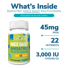 Bariatric Choice ONCE DAILY bottle of capsules on a kitchen counter.