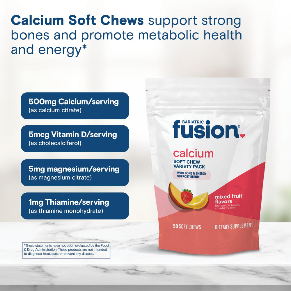 Kitchen-counter scene with Bariatric Fusion calcium chews and water