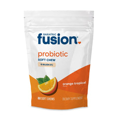 Bariatric Fusion probiotic soft chews bottle with label emphasizes quality and flavor