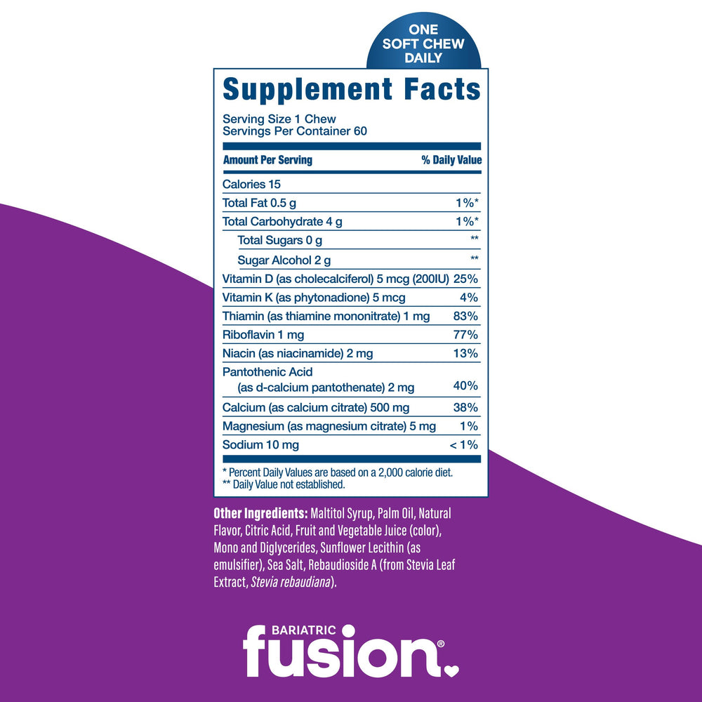 Bariatric Fusion calcium chews label highlights vitamin D3 and minerals