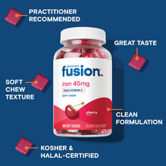 Bariatric Fusion Cherry Iron Soft Chews individually wrapped for travel.