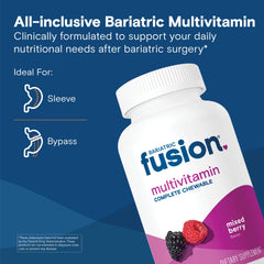 Bariatric Fusion chewable tablets close-up showing mixed berry flavor.