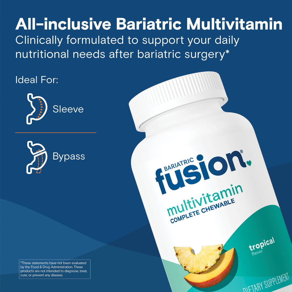 Bariatric Fusion chewable tablets close-up showing iron and minerals support