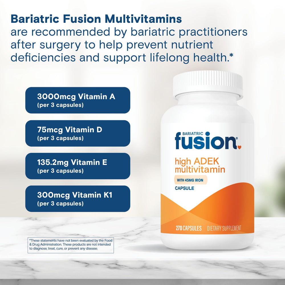 Easy-to-swallow Bariatric Fusion ADEK capsules on a clean surface.