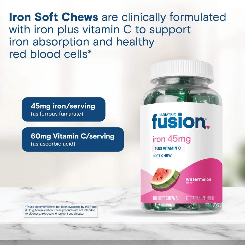 Bariatric Fusion 60-count bottle label conveys on-schedule daily iron intake.