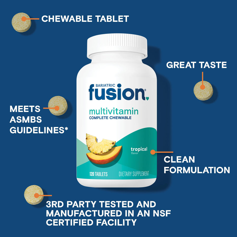 Bariatric Fusion tropical flavor chewables packaging highlights tasty, easy daily regimen