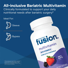 Close-up of Bariatric Fusion Very Berry chewable tablets highlighting texture