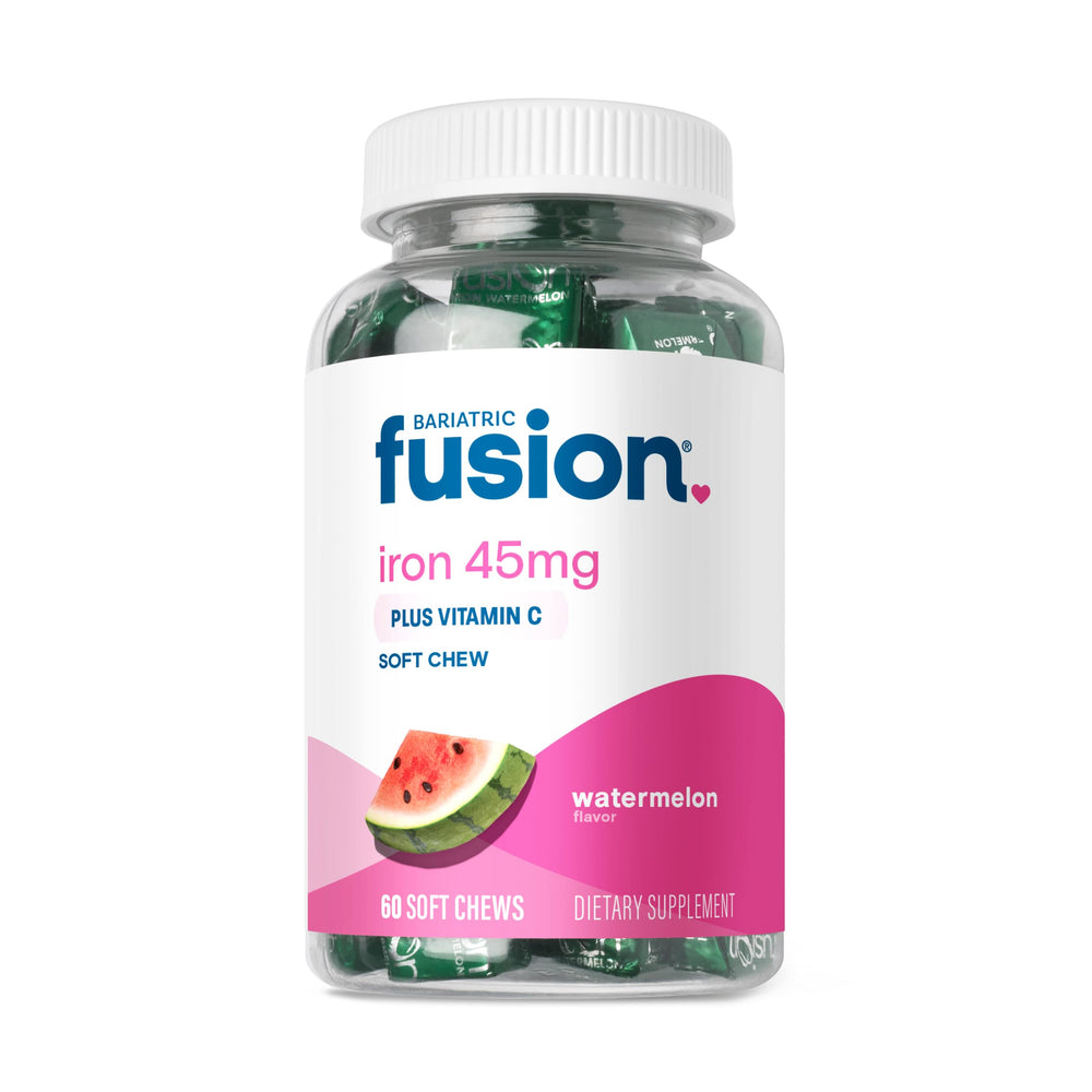 Bariatric Fusion Watermelon Iron Soft Chews bottle showcases the flavorful daily iron supplement.