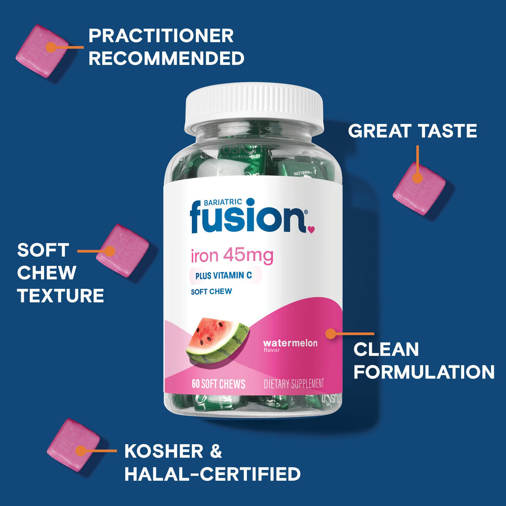Bariatric Fusion Watermelon Iron Soft Chews packaging emphasizes gluten-free formulation.