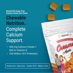 BariatricPal calcium citrate soft chew close-up showing 500 mg dose for absorption.