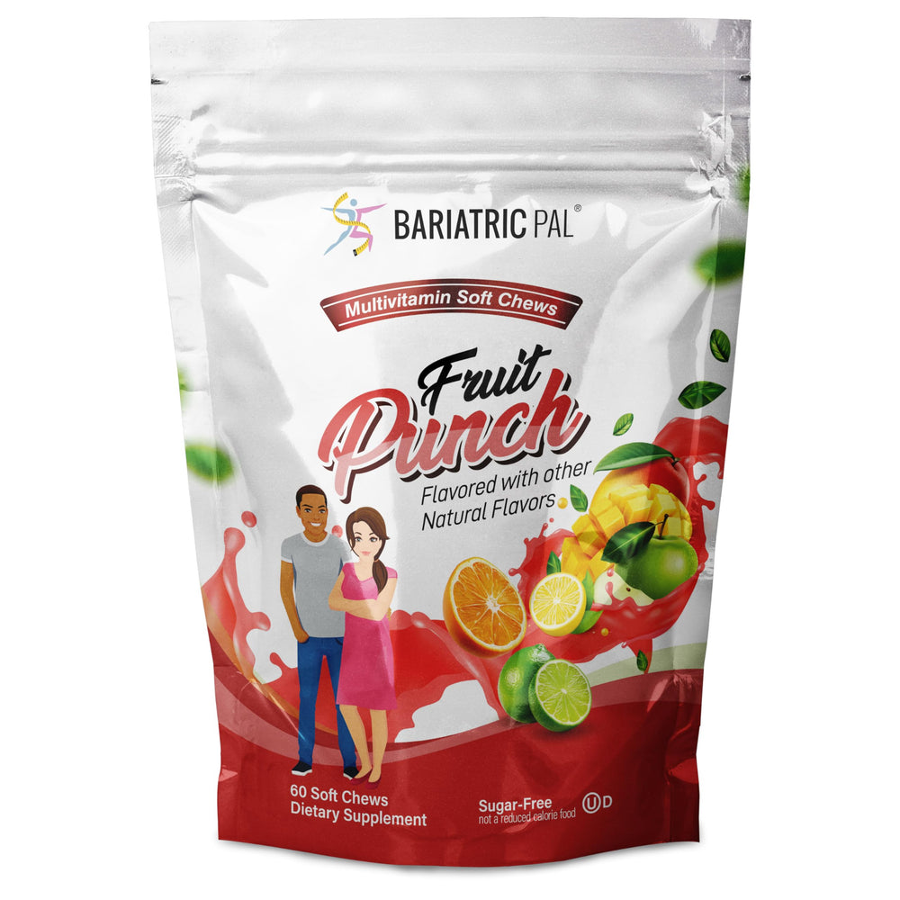 BariatricPal Iron-Free Multivitamin Soft Chews in fruit punch bottle for daily bariatric support.