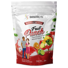 BariatricPal Iron-Free Multivitamin Soft Chews in fruit punch bottle for daily bariatric support.
