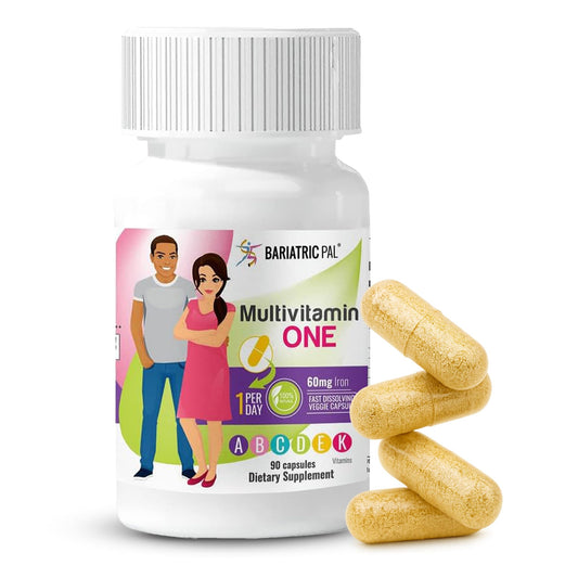 BariatricPal Multivitamin ONE bottle front showing a 90-count supply for post-surgery nutrition.