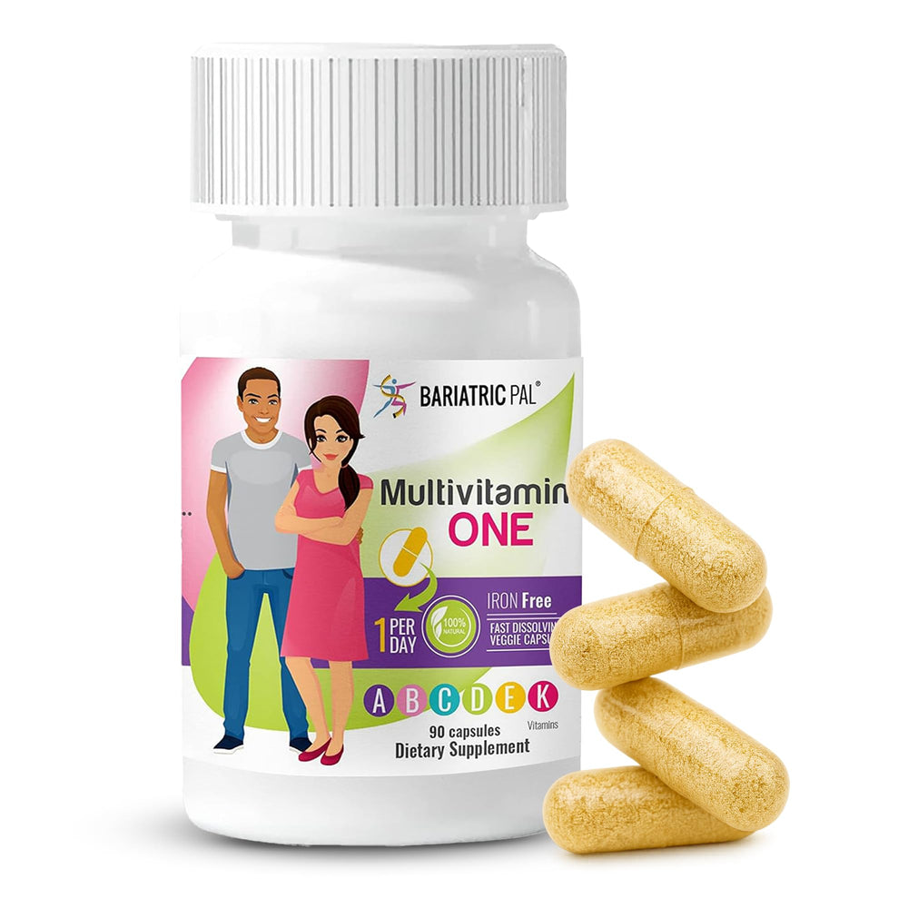 Close-up of BariatricPal Multivitamin One capsule, showcasing easy-to-swallow design.