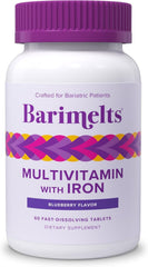 Barimelts bariatric multivitamin blueberry bottle front highlights convenient, sugar-free daily nutrients