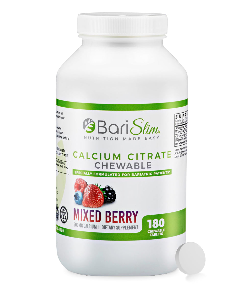 Barislim bariatric calcium citrate bottle showing 180 tablets for post-surgery bone support