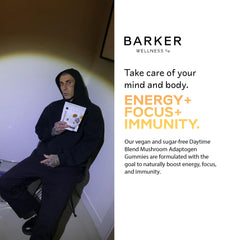 Serving scene with Barker Wellness Co gummies for focus and vitality