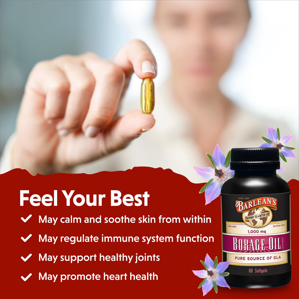 Barlean's Borage Oil capsule detail highlights 200 mg GLA per softgel.