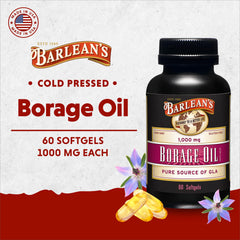 Barlean's Borage Oil softgels pour demonstrates easy daily dosing.