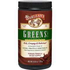 Barlean's Chocolate Greens powder jar shows a rich blend for daily energy.