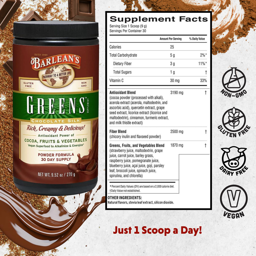 Barlean's Chocolate Greens scoop beside the canister for quick greens boost.