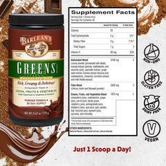 Barlean's Chocolate Greens scoop beside the canister for quick greens boost.