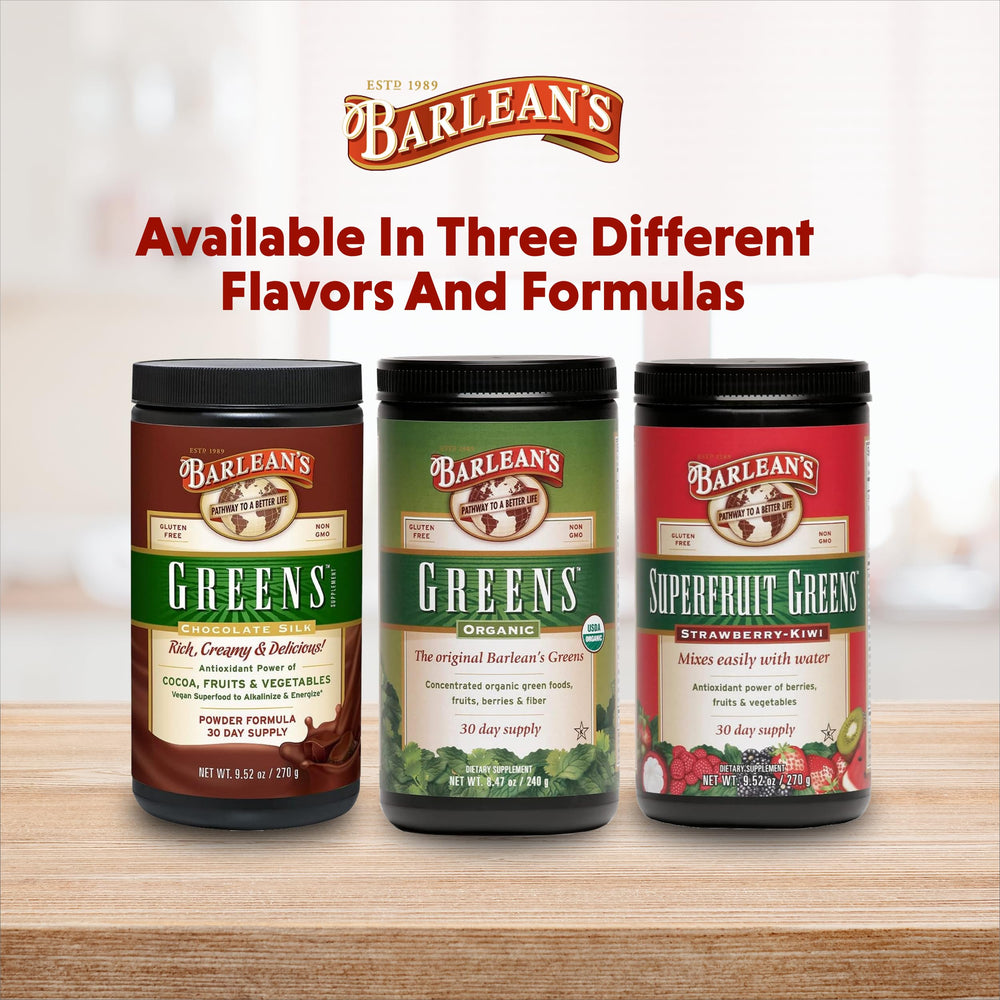 Barlean's Greens serving scoop poured into water for easy mixing.