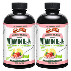 Barlean's D3+K2 pink lemonade bottle ready for easy daily dosing.