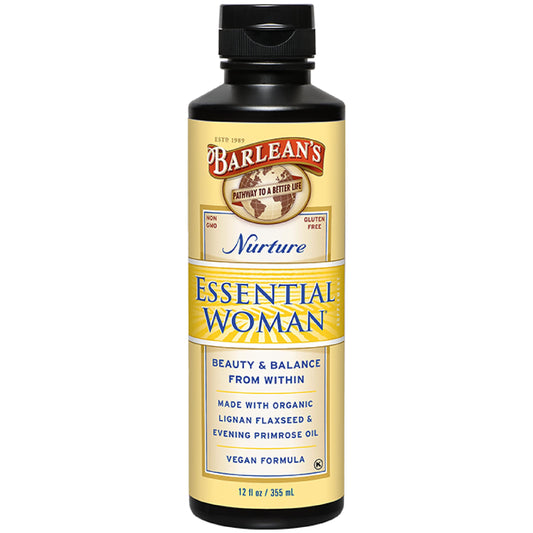 Barlean's Essential Woman bottle with flax and primrose oil for healthier hair and skin.